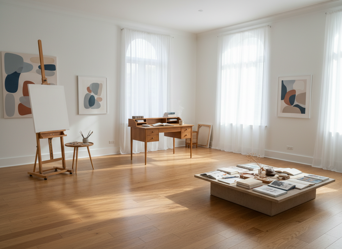 An airy, minimalist creative studio with several distinct “creative house” corners: one with an easel and canvas, another with a writing desk and open journal, and a third with a low table filled with sketchbooks and resource materials. Soft, warm-toned wooden floors contrast with clean white walls adorned with abstract, soothing artwork in muted blues and earth tones. Diffused morning light streams through large windows, creating a serene, balanced atmosphere. Photographic realism, wide-angle composition with sharp focus throughout, draws the eye gently from one creative zone to another, suggesting community, workshops, and shared growth without showing any people. The mood is sophisticated, spacious, and quietly inspiring, perfect for a site about healing for artists.