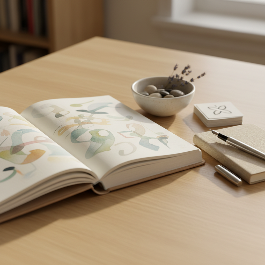 A close-up of an open, cream-colored journal resting on a smooth oak table, its pages filled with delicate, abstract sketches and gentle color washes rather than legible words. Beside it, a finely textured linen-covered notebook, a fountain pen, and a small stack of art-resource cards with symbol-only designs hint at guided exercises and tools. A ceramic bowl holds smooth river stones and dried lavender, adding organic texture. Soft studio lighting from the left creates subtle highlights on the journal’s edges and a tender shadow across the table. Photographic realism, captured from a slightly elevated angle with shallow depth of field, focuses on the journal while the background fades into a soft blur. The mood is introspective, nurturing, and quietly luxurious, emphasizing reflective healing practices for artists.