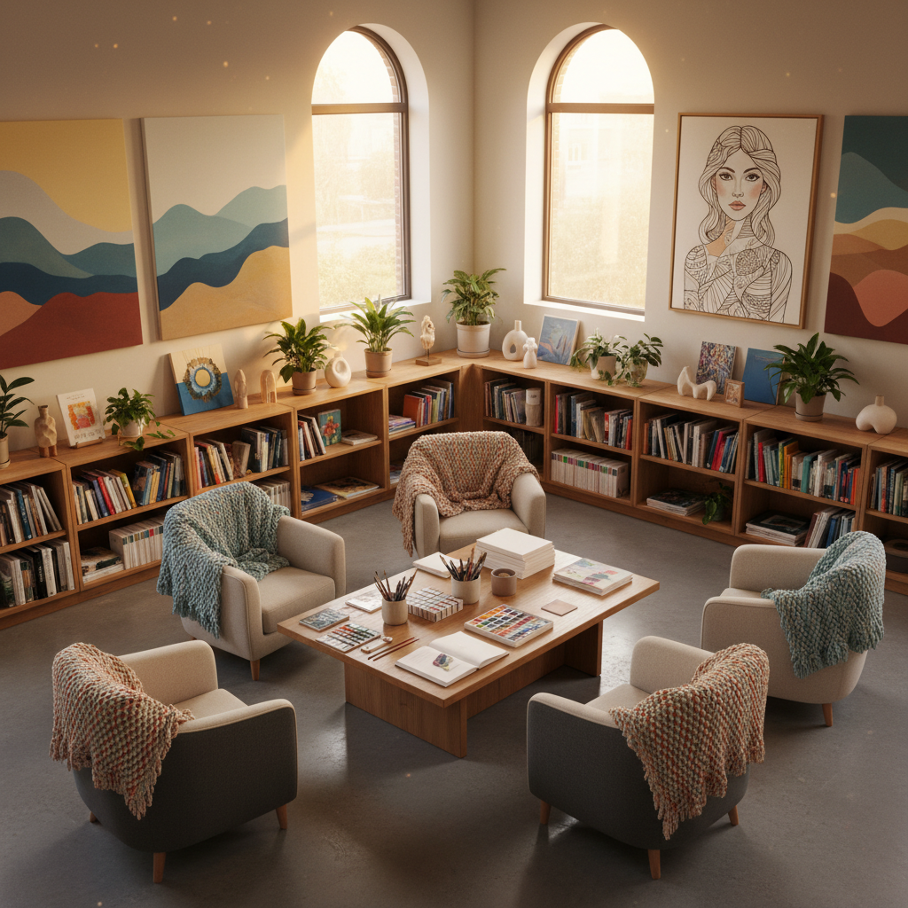 A sophisticated, modern living-room-style creative space that suggests a welcoming “community hub” for artists: low bookshelves filled with art books and journals, a central coffee table with neatly arranged workshop materials, and several plush, neutral-toned armchairs draped with woven throws. Abstract, calming artwork hangs on the walls, and a discreet, elegant portrait illustration of a woman—standing in for the founder—appears as framed art, stylized yet realistic without showing a literal person in the room. Golden hour light streams through tall windows, casting warm, elongated shadows and creating a tranquil glow. Photographic realism, shot from a slightly elevated corner angle with moderate depth of field, conveys warmth, belonging, and the promise of shared healing experiences for artists.