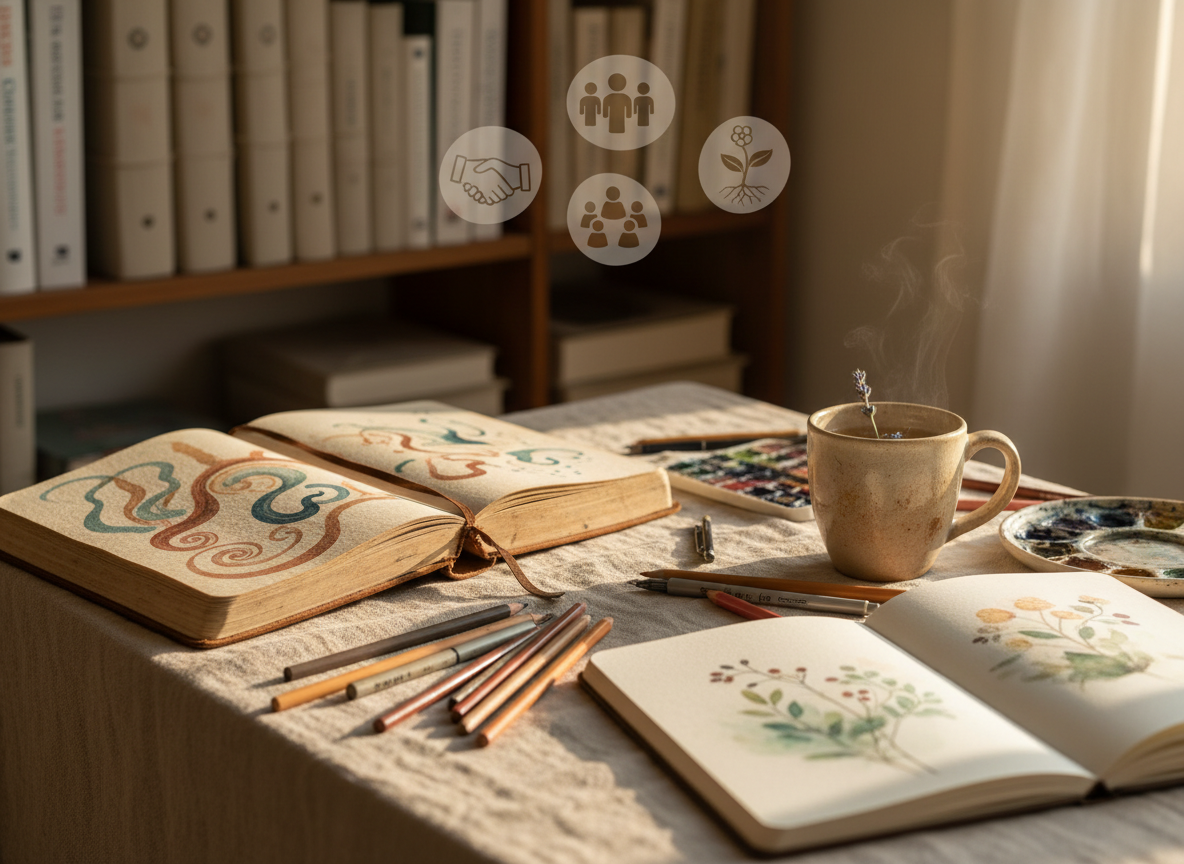A meticulously arranged artist’s worktable in a quiet studio, covered with a linen cloth in soft neutral tones. Open sketchbooks, a well-used leather-bound journal, colored pencils, watercolors, and a single ceramic mug of herbal tea create a sense of ongoing creative reflection. In the background, blurred shelves hold neatly stacked journals, art books, and subtle references to “workshops” and “community” as icons, not text. Late afternoon natural light filters through a large unseen window, casting gentle, elongated shadows and a warm glow over the surfaces. Photographic realism, shot at eye level with shallow depth of field, emphasizes the journal and drawing tools, evoking a sophisticated, calm atmosphere of healing, introspection, and sustainable creativity.